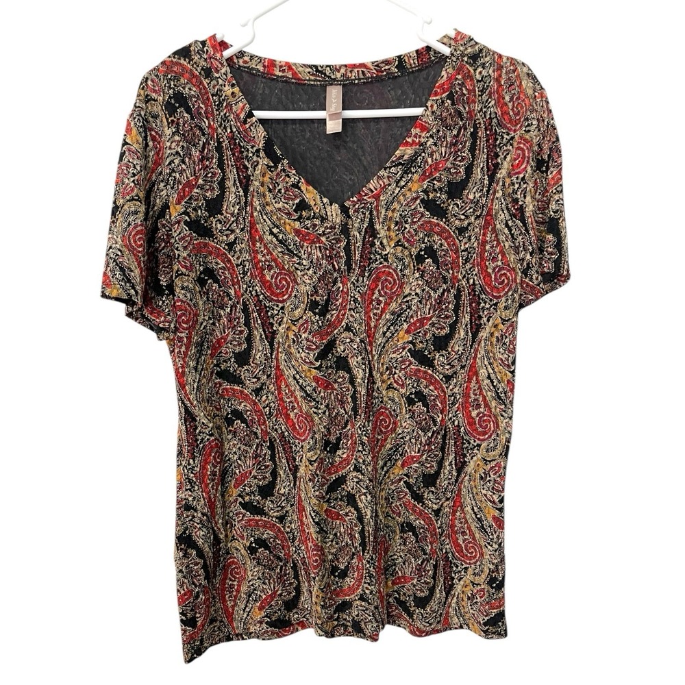 White Stag L 12-14 Red Paisley V-Neck Short Sleeve Top Boho Whimsigoth FFWL49139
